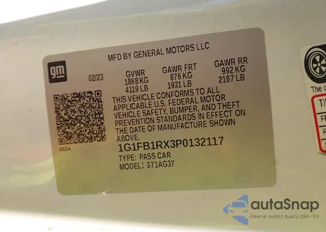 2023 Chevrolet Camaro Rwd 1Lt z USA, uszkodzony, nr VIN 1G1FB1RX3P0132117